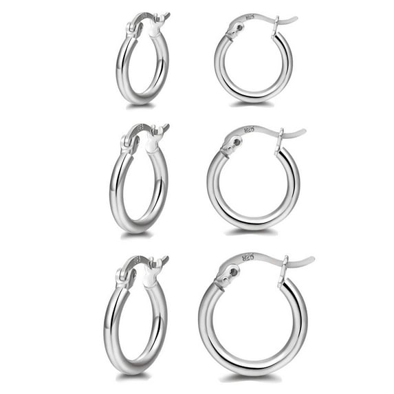 3 Pairs 925 Sterling Silver Hoop Earrings | Small White Gold Plated Hoop Earrings for Women Men 13mm,15mm,20mm