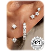 3 Pairs 925 Sterling Silver Hypoallergenic Earrings for Women Trendy - 14K Gold Plated Stud Hoop Cartilage Earrings Set Small Earring Stacks for Sensitive Ears Non Tarnish Dainty Silver Earring