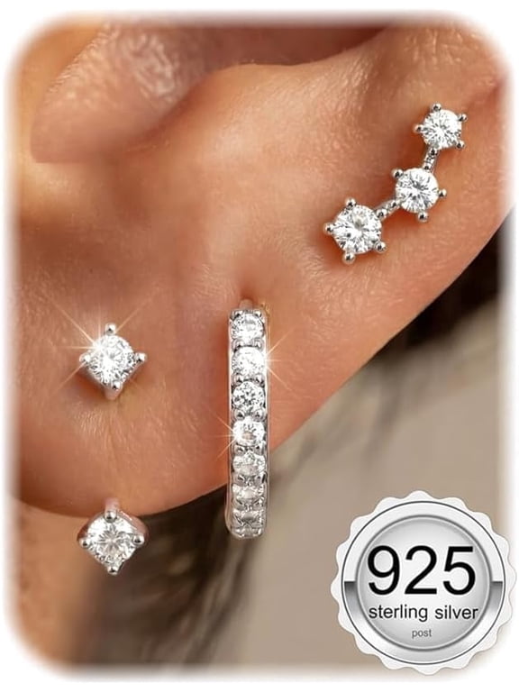 3 Pairs 925 Sterling Silver Hypoallergenic Earrings for Women Trendy - 14K Gold Plated Stud Hoop Cartilage Earrings Set Small Earring Stacks for Sensitive Ears Non Tarnish Dainty Silver Earring