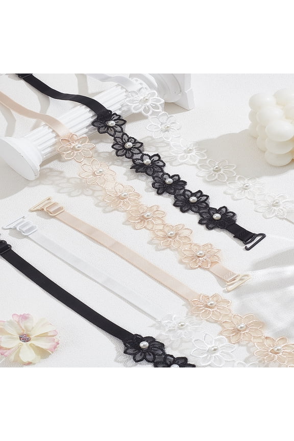 3 Pairs Adjustable Bra Straps Polyester Lace Shoulder Straps with Plastic Beads and Buckle Replacement Mixed Color Lingerie