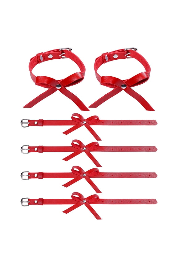 3 Pairs Adjustable PU Leather Bowknot Anklets with Alloy Clasps Platinum Red 13-1/2 inch(342mm) for making
