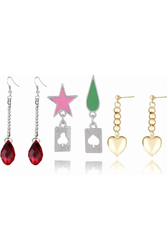 3 Pairs Anime Cosplay Earrings Stars Teardrop Poker Earring Stud Ear Clip Jewelry Accessories