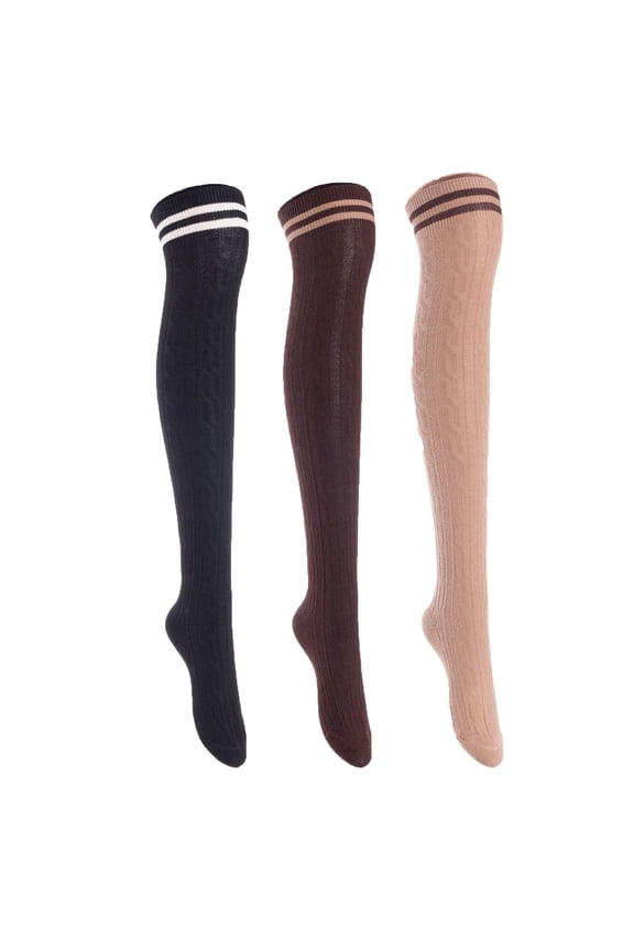 3 Pairs Awesome Women Thigh High Cotton Boot Socks. Durable Knee High Socks, Perfect As Winter & Spring Socks Size 6-9 Black, Coffee, Khaki T1023-3c2