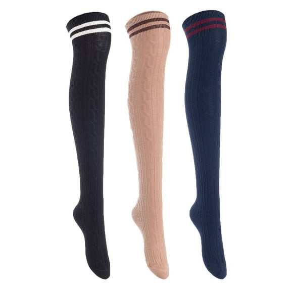 3 Pairs Awesome Women Thigh High Cotton Boot Socks. Durable Knee High Socks, Perfect As Winter & Spring Socks Size 6-9(Black, Kakhi, Navy) T1023-3c15