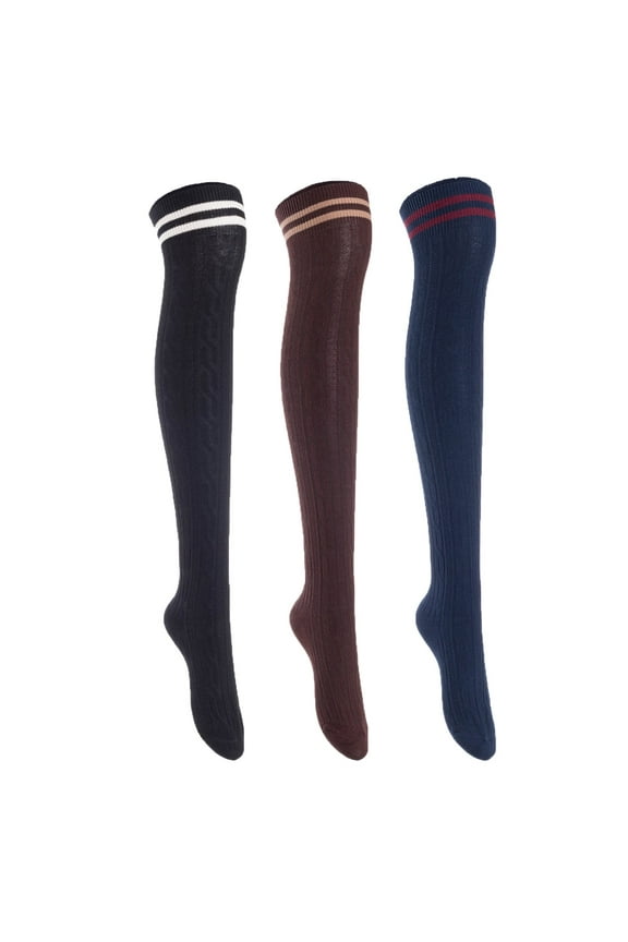 3 Pairs Awesome Women Thigh High Cotton Boot Socks. Durable Knee High Socks, Perfect As Winter & Spring Socks Size 6-9 Black, Coffee, Navy T1023-3c4