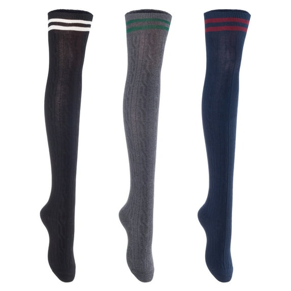 3 Pairs Awesome Women Thigh High Cotton Boot Socks. Durable Knee High Socks, Perfect As Winter & Spring Socks Size 6-9 Black, Dark Grey, Navy T1023-3c9