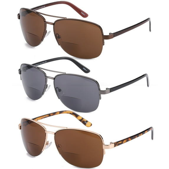 3 Pairs Bifocal Reading Glasses Pilot Sunglasses Metal Tinted Readers