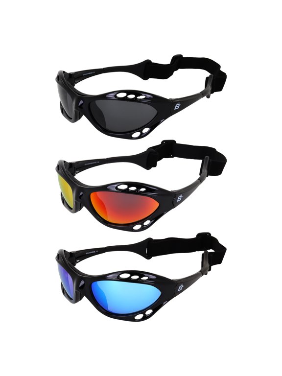 Eyewear Seahawk Padded Polarized Sunglasses 3 Pairs w/Strap Water Sports Surfing Kayaking Jetski Black Frame w/Smoke Red & Green Mirror Lenses