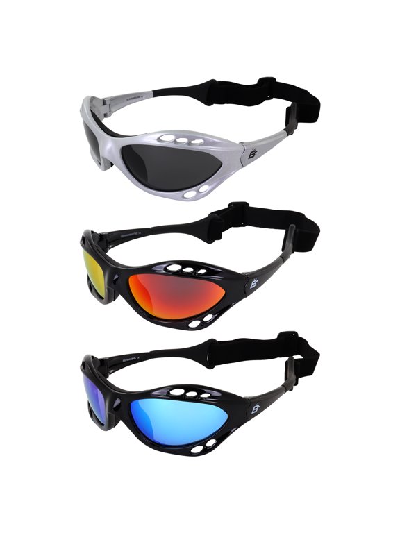 Eyewear Seahawk Padded Polarized Sunglasses 3 Pairs w/Strap Water Sports Surfing Kayaking Jetski Silver Frame w/Smoke Lens & Black Frame w/ Red & Green Mirror Lenses