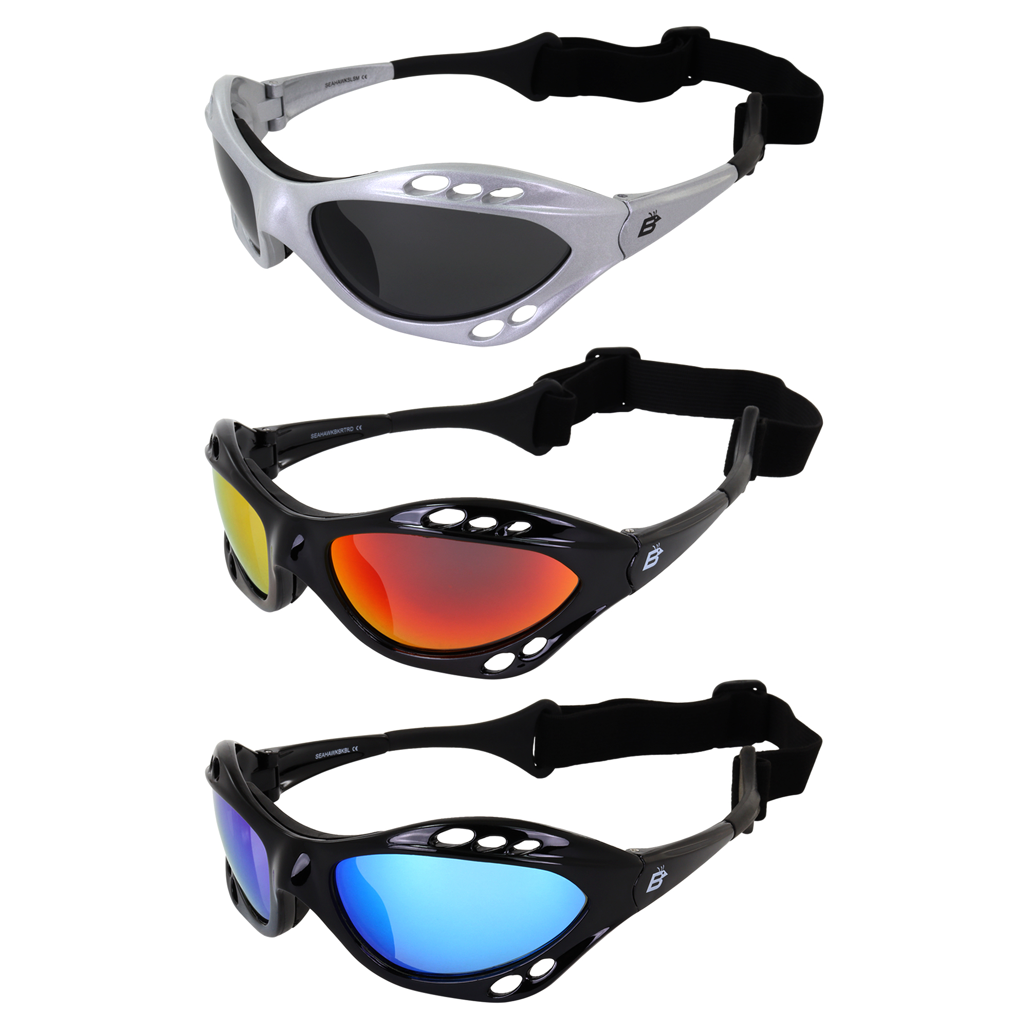 3 Pairs Birdz Seahawk Padded Polarized Sunglasses w/Strap Water Sports Surfing Kayaking Jetski Silver Frame w/Smoke Lens & Black Frame w/ Red & Green Mirror Lenses - image 1 of 7