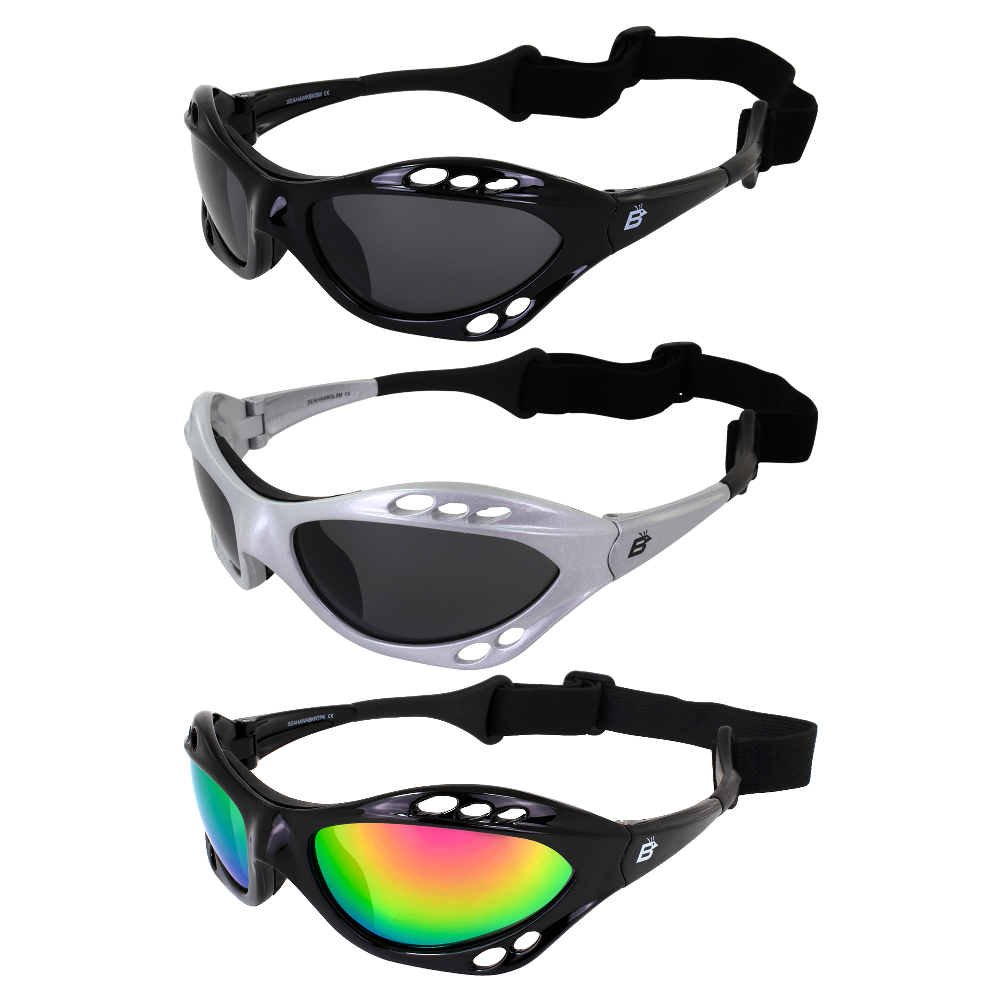 3 Pairs Birdz Seahawk Padded Polarized Sunglasses w/Strap Water Sports Surfing Kayaking Jetski Silver Frames w/Smoke Lenses & Black Frame w/Pink Mirror Lenses - image 1 of 7