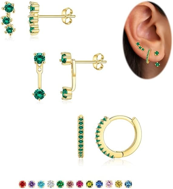 3 Pairs Birthstone Earrings Set For Multiple Piercing Dainty 14K Gold