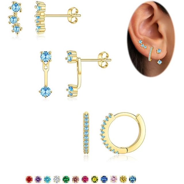 3 Pairs Birthstone Earrings Set for Multiple Piercing Dainty 14K Gold