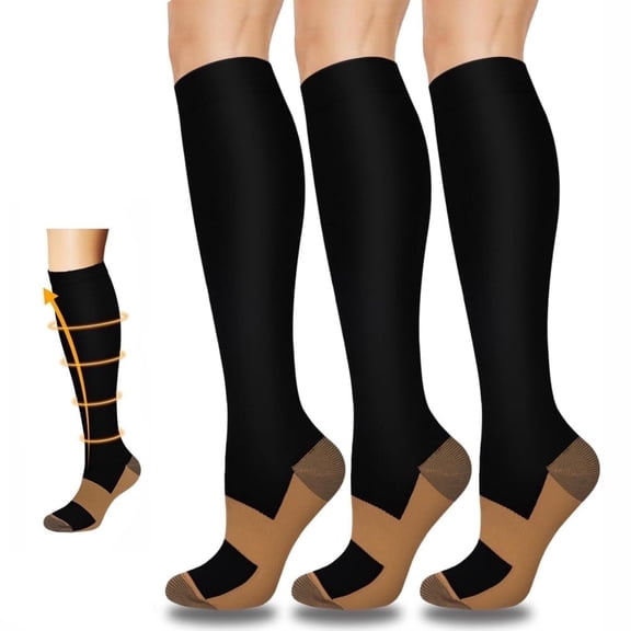 3 Pairs Black Closed-Toe Calf Compression-Style Socks – Full-Coverage Supportive Knit Socks for Men & Women