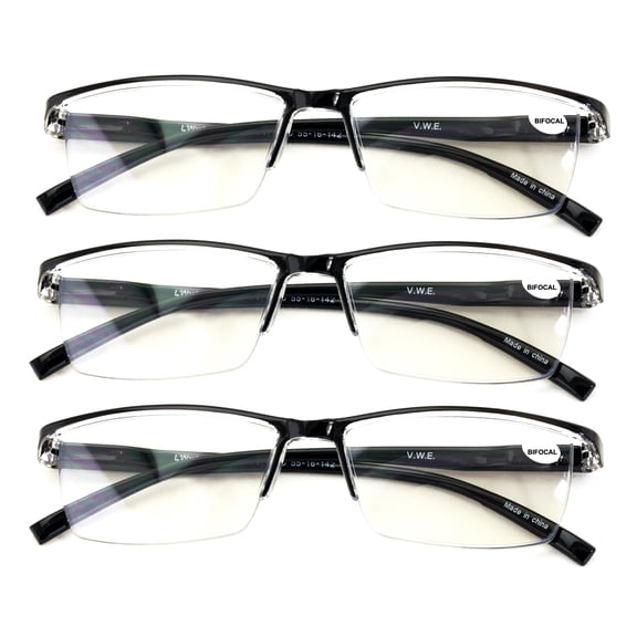 3 Pairs Black Rectangular Lightweight Clear Bifocal Reading Glasses with Anti-Blue Blocker +2.00