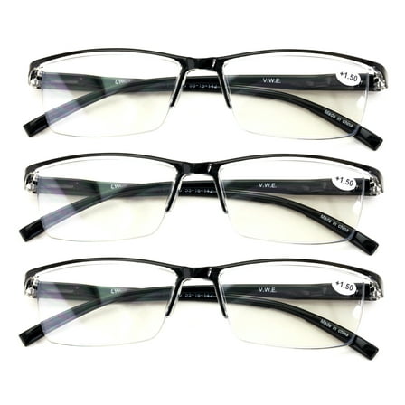 3 Pairs Black Rectangular Lightweight Clear Bifocal Reading Glasses with Anti-Blue Blocker +3.00