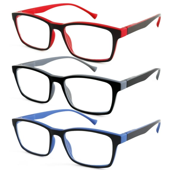 3 Pairs of Black Retro Rectangle Bifocal Reading Glasses 1.00-4.00 for men womenClassic Presbyopic Glasses Spring Hinge Readers 1.00-4.00 Strength ,Red Black Blue,+2.00 strength