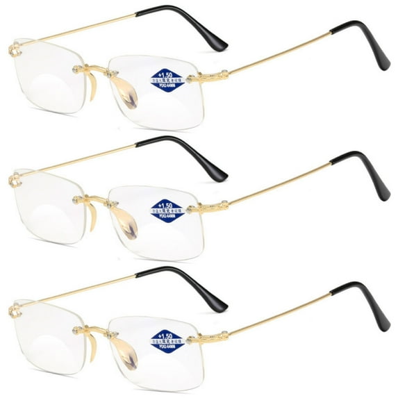 3 Pairs of Blue Light Blocking Rimless BIFOCAL Reading Glasses 1.00 for Men and Women, Rectangle Presbyopic Glasses Metal Frameless Gold Readers +1.00