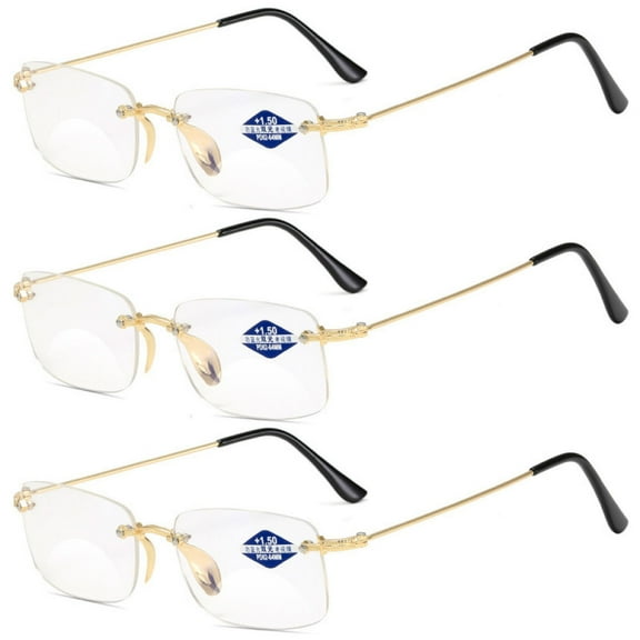 3 Pairs of Blue Light Blocking Rimless BIFOCAL Reading Glasses 2.00 for Men and Women, Rectangle Presbyopic Glasses Metal Frameless Gold Readers +2.00