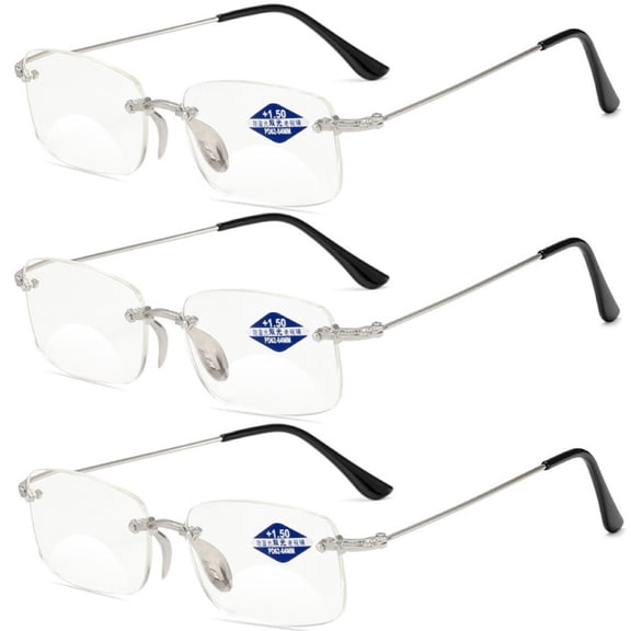 3 Pairs of Blue Light Blocking Rimless BIFOCAL Reading Glasses 3.00 for Men and Women, Rectangle Presbyopic Glasses Metal Frameless Silver Readers +3.00