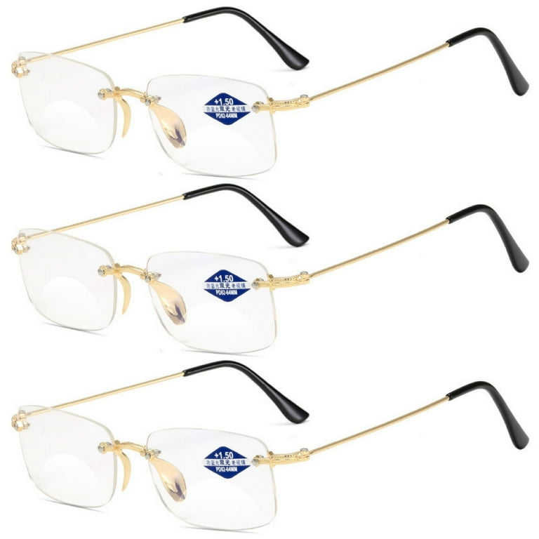 3 Pairs of Blue Light Blocking Rimless BIFOCAL Reading Glasses 4.00 for Men and Women Rectangle Presbyopic Glasses Metal Frameless Gold Readers 4.00