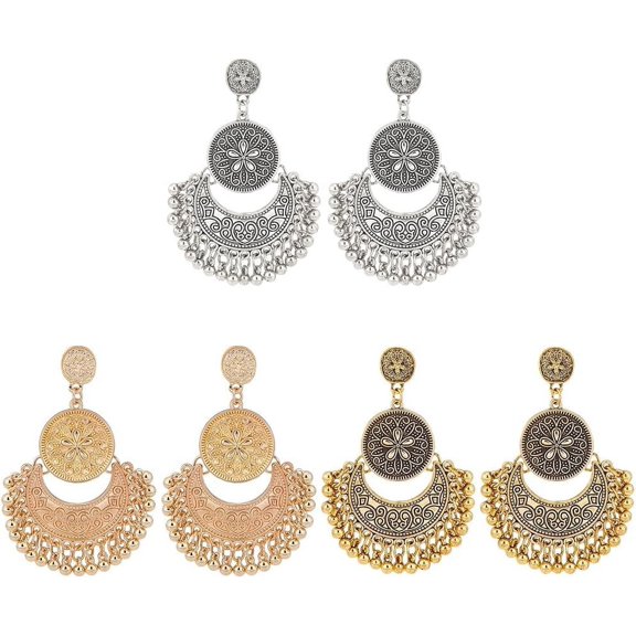 3 Pairs Boho Chandelier Earrings Vintage Silver Dangle Earrings Beaded Tassel Earring Gold Ethnic Earrings Hollow Petal Statement Earrings Gift for Women Wife Her Friends