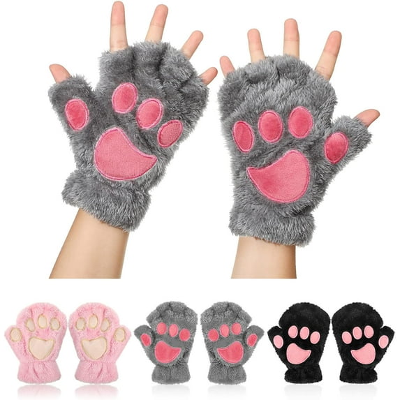3 Pairs Cat Paw Gloves Fingerless Gloves Winter Plush Gloves Fuzzy Plush Gloves for Women Girls