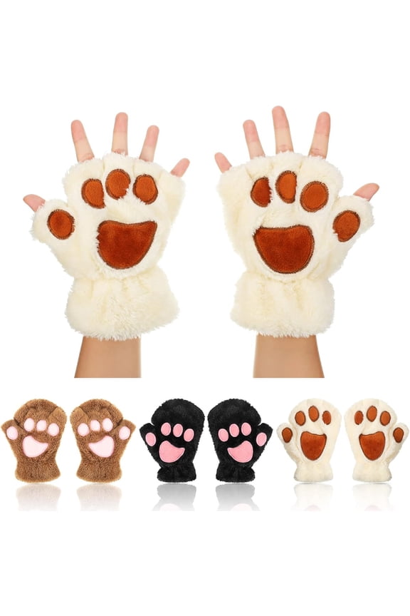 3 Pairs Cat Paw Gloves Fingerless Gloves Winter Plush Gloves Fuzzy Plush Gloves for Women Girls