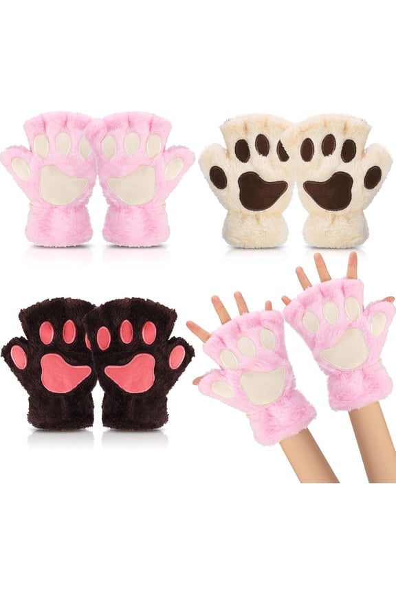 3 Pairs Cat Paw Gloves Kawaii Gloves Cat Paws Cosplay Faux Fur Plush Gloves, Lion Paws Fingerless Gloves for Girls Women