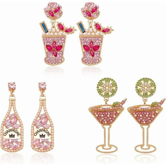 3 Pairs Champagne Martini Glass Earrings for Women - Dangling Novelty Colorful Handmade Wine Glass Alcohol Goblet Beach Holiday Earrings Gifts Drink Studs Dangling Set Pack colorful