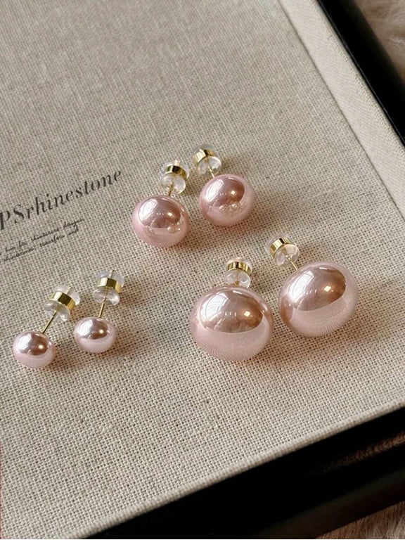 3 Pairs Cherry Blossom Pink Faux Pearl Stud Earrings Set With Goldtone,Cherry Blossom Pink
