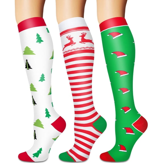 3 Pairs Christmas Copper Compression Socks for Women & Men Circulation 15-20 mmhg - Better Blood Flow, Swelling, Best Support for Medical, Running, Nursing