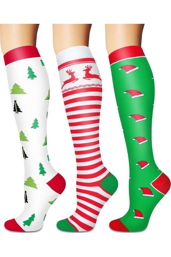 3 Pairs Christmas Medical Sport Compression Socks - 15-20mmhg Graduated Knee-High Support for Men & Women, Ideal for Soccer, Running, and Nurses