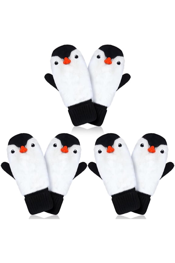 3 Pairs Christmas Penguin Mitten Gloves, Winter Soft Cozy Faux Fur Mittens Warm Lining Gloves Gifts.