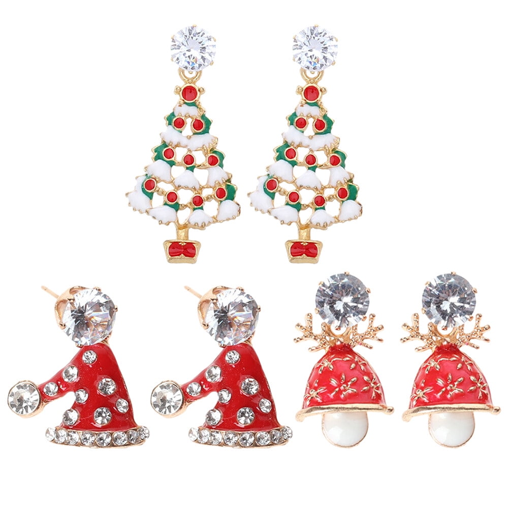 3 Pairs Christmas Themed Creative Oil Drip Earring Set Diamond Bell