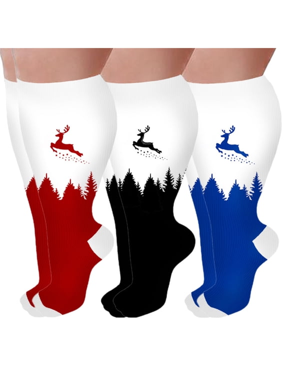 3 Pairs Christmas Wide Calf Compression Socks for Men and Women Knee Length Support Stockings for Nurses Travel Sports