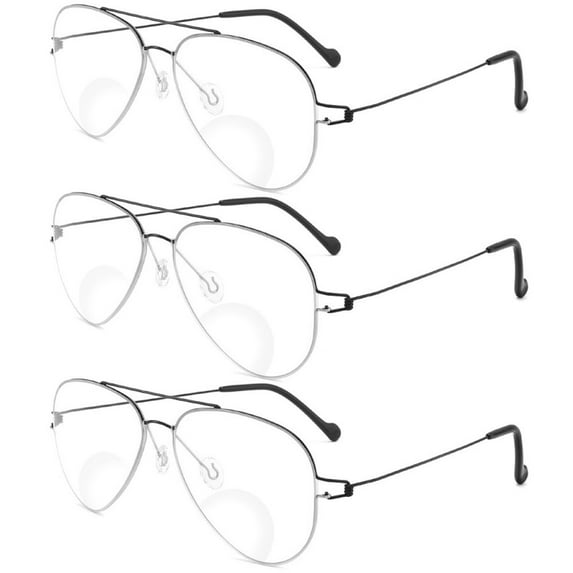 3 Pairs of Classic BIFOCAL Stylish Blue Light Blocking Black Reading Glasses 2.50 for Women and Men Metal Ultralight Aviator-Style Oversized Readers +2.50