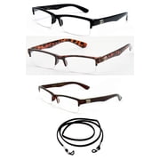 3 Pairs Classic Basic Simple Half Frame Fashion Reading Glasses with Lanyard