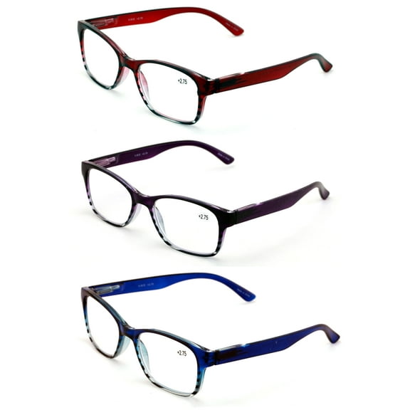 3 Pairs Classic Readers With Spring Hinge - Reading Glasses Magnification Maroon Purple Blue Men Or Women