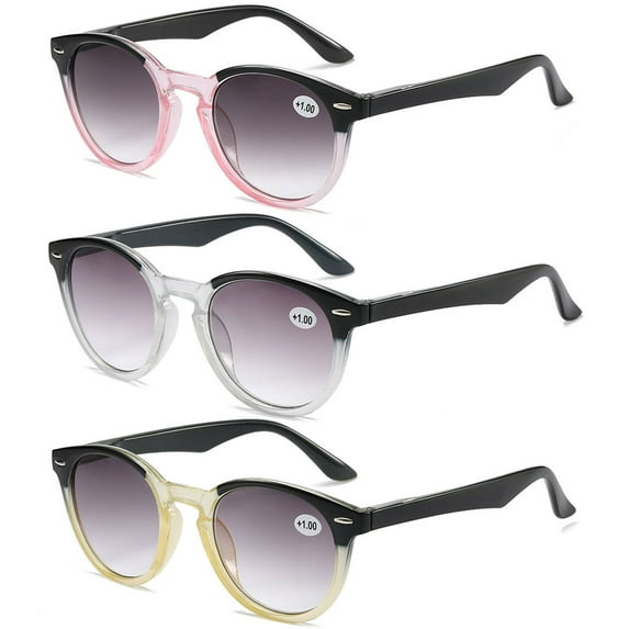3 Pairs of Clear Frame Round Gradient Gray Reading Glasses 2.50 for Men and Women, Classic Spring Hinge Presbyopia Sunglasses PC Two-tone Readers +2.50