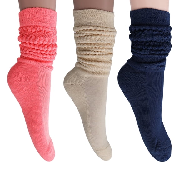 3 Pairs Colorful Heavy Slouch Socks for Women Shoe Size 5-10 - (Neon Pink-Ecru-Navy)