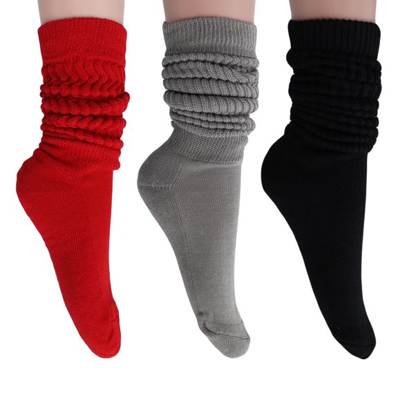 3 Pairs Colorful Heavy Slouch Socks for Women Shoe Size 5-10 - (Red-Gray-Black)