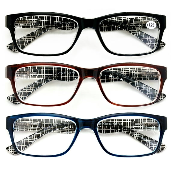 3 Pairs Comfortable Modern Rectangular Lightweight Reading Glasses - Clear Lens Reader Plaid Stripe Men Women 7017 +1.00