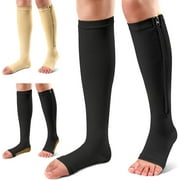 ZDWQFA 3 Pairs Compression Socks with Zipper, 15-20 mmHg Medical Knee High Compression Socks for Men Women, Open Toe Socks for Varicose Veins, Edema, Recovery
