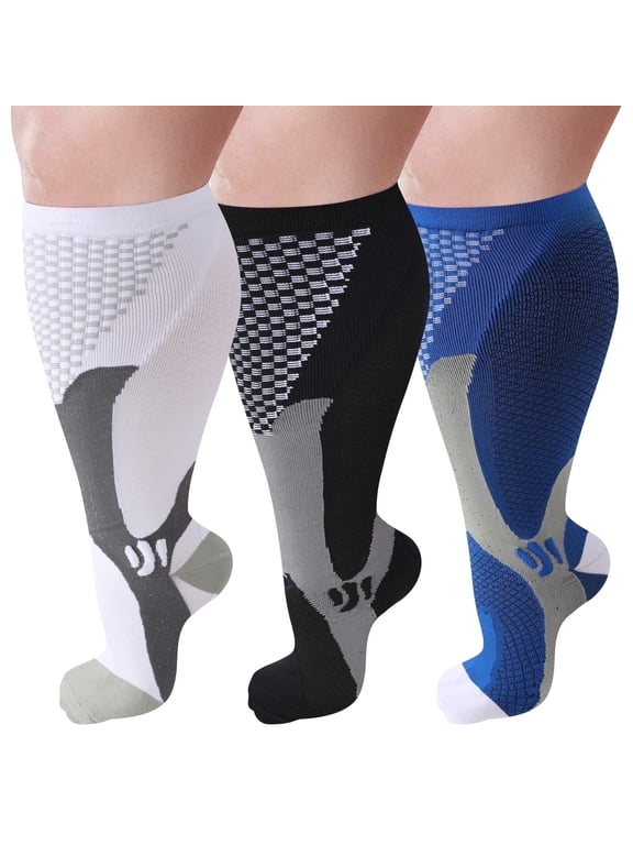 3 Pairs Compression Socks for Women Men, Wide Calf Plus Size Knee High Support Stockings for Running Travel, 4XL