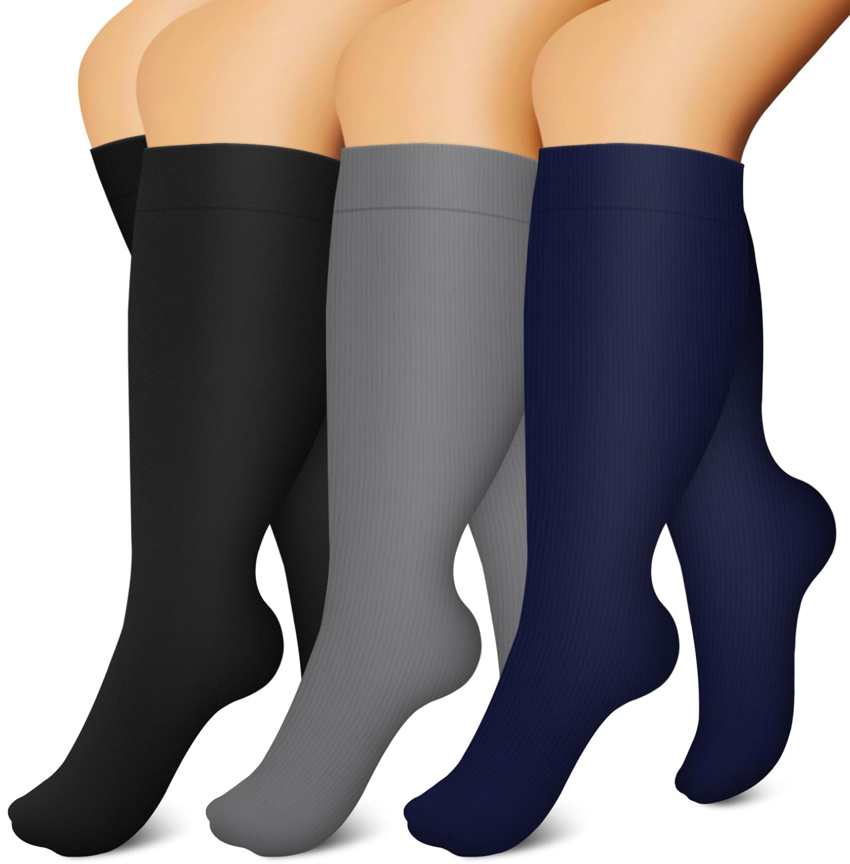 3 Pairs Copper Compression Socks for Plus Size Women & Men Circulation