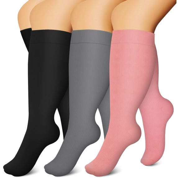 3 Pairs Copper Compression Socks for Plus Size Women & Men Circulation 20-30 mmHg Knee High- Better Blood Flow, Swelling, Best Support for Medical, Running, Nursing