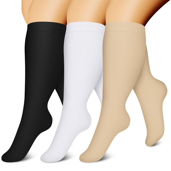 3 Pairs Copper Compression Socks for Plus Size Women & Men Circulation 20-30 mmHg Knee High- Better Blood Flow, Swelling, Best Support for Medical, Running, Nursing