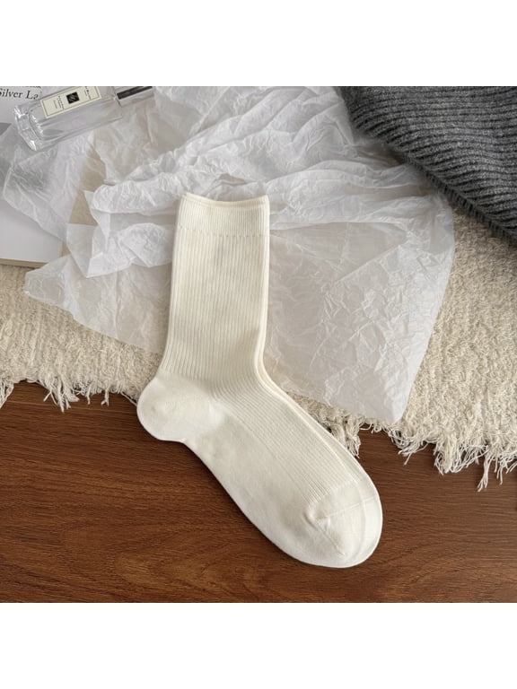 3 Pairs Cotton Crew Socks Fine Striped Retro Athletic Ankle Socks Breathable Off White One Size