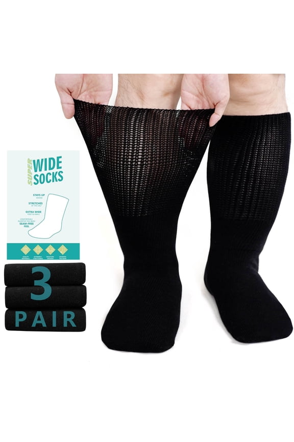 3 Pairs Cotton Diabetic Socks for Men and Women, UNEEI Extra Wide Calf Socks for Swollen Feet, Comfortable & Non-Binding Fit Crew Socks, Size 13-15